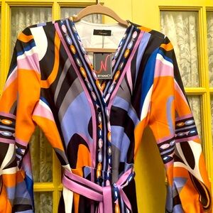 N by Nancy Pucci-like long dress. Flowy sleeves. Flattering belt/sash.